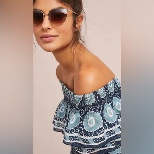 Anthropologie Jumpsuit Size  Blue Geo Printed Kopal Suzani Ruffle Wide Leg